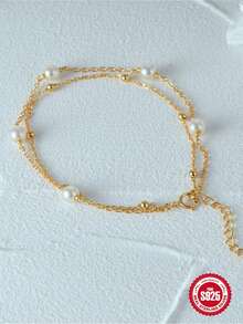 1入女士珍珠時尚簡約細手鍊，18K鍍金925純銀浪漫時尚，每日佩戴，適合周年慶、聖誕節、萬聖節、婚禮珠寶、新娘珠寶用