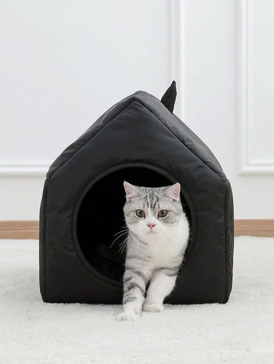 1入黑色房子形狀溫暖、透氣、舒適的寵物床,適用於各個季節的大、中、小尺寸貓咪