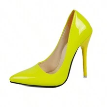2023新款女款柔軟皮革裸色高跟鞋,尖頭性感針跟鞋,黑色專業工作鞋款 - 黃色 - 查看 8