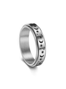 1pc Moon Star Pattern Stainless Steel Rotating Ring - Silver - View 6