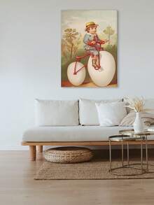 1入組維多利亞時期復古繪畫印刷海報,蔬菜人,胡蘿蔔,番茄,芋頭,騎自行車的男孩,有趣的廚房畫布藝術客廳臥室俱樂部臥室裝飾,創意禮物家居裝飾圖片壁畫無框帆布畫