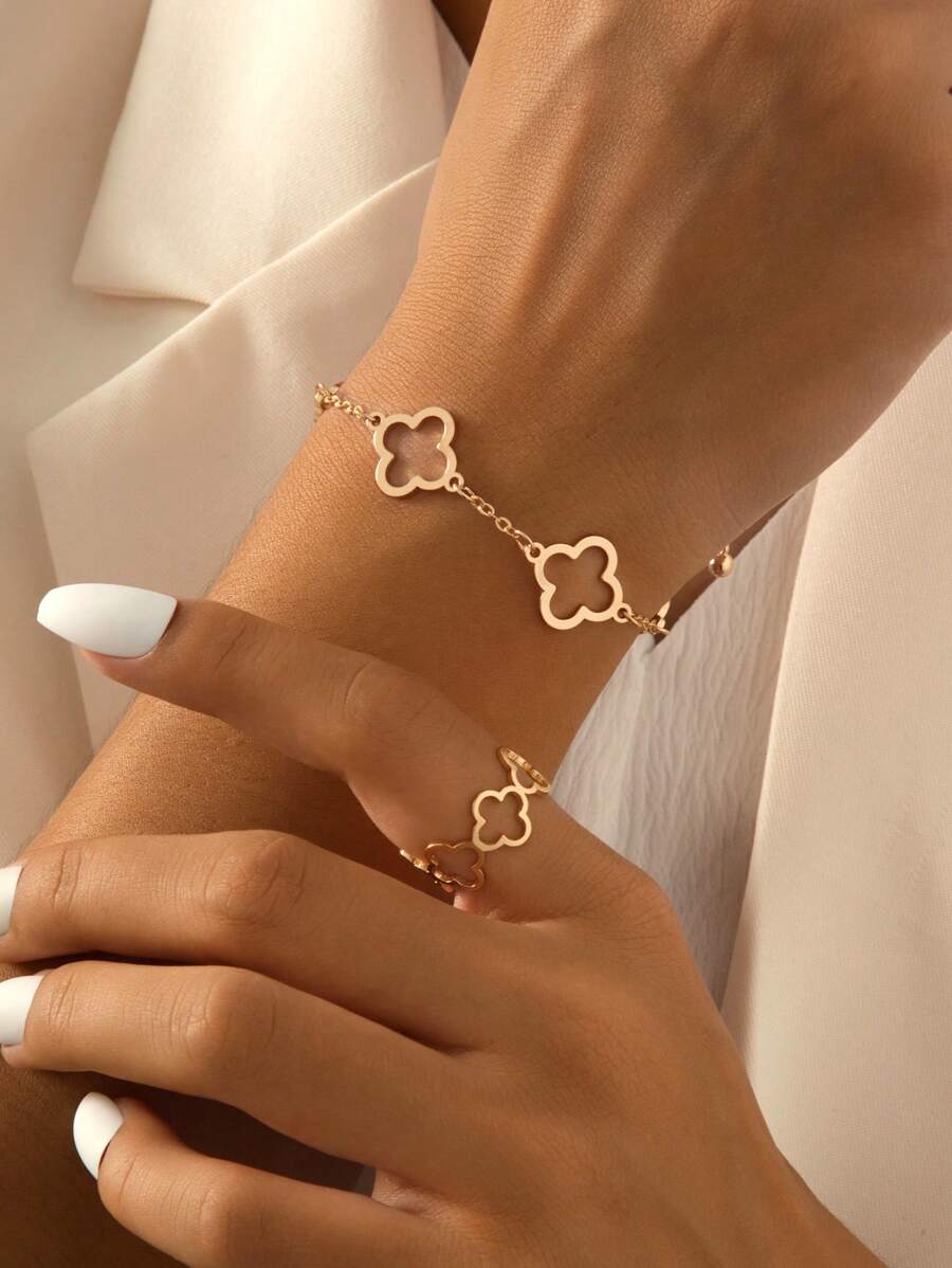 1 套女士幸运花设计手链和戒指套装，适合日常和派对佩戴，四叶草珠宝情人节 - 金黃色 - 查看 1
