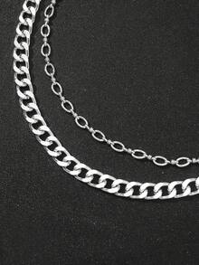 1pc Men's Double Layered Simple Metal Chain With Big Circle Pendant For Matching With Work Pants, Trouser Chain Accessory - Silver - View 3
