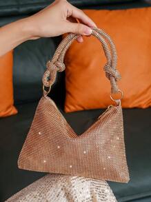 1個香檳色晚宴包,鑲有鑽石裝飾的手提袋,可拉鍊關閉,歐美風格女士手拿包,日常使用、約會、禮物、派對包 - 香檳色 - 查看 1