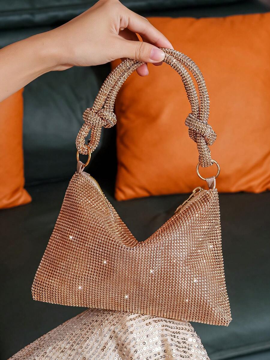 1個香檳色晚宴包,鑲有鑽石裝飾的手提袋,可拉鍊關閉,歐美風格女士手拿包,日常使用、約會、禮物、派對包 - 香檳色 - 查看 1