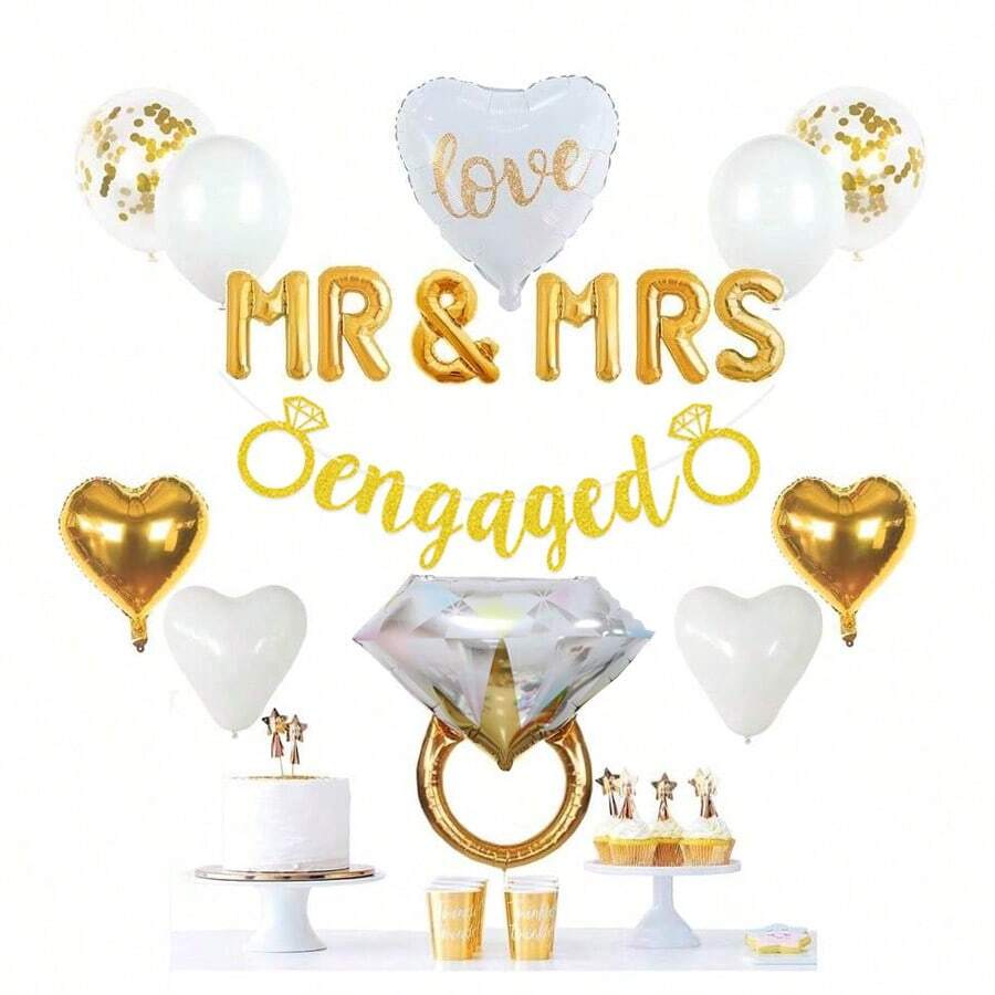 17 件白色和金色订婚派对装饰套装，包括 2 个 10 英寸金色心形铝箔气球、2 个 10 英寸白色心形乳胶气球、2 个 12 英寸金色亮片乳胶气球、2 个 12 英寸哑光白色乳胶气球、1 个 18 英寸白色心形铝箔气球、1 套 16 英寸 Mr&Mrs 铝箔气球、1 个 24 英寸大圆环铝箔气球和 1 套金色流苏纸质订婚横幅 - 杏色 - 查看 1