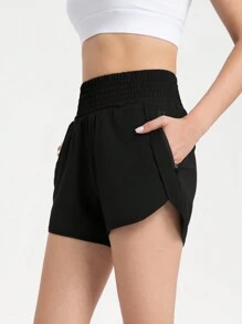 女士跑步短褲，彈性高腰短褲帶口袋，快幹運動短褲 - 黑色 - 查看 2