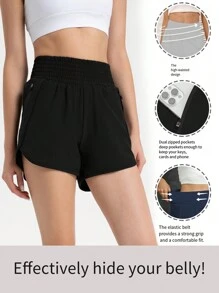 女士跑步短褲，彈性高腰短褲帶口袋，快幹運動短褲 - 黑色 - 查看 7