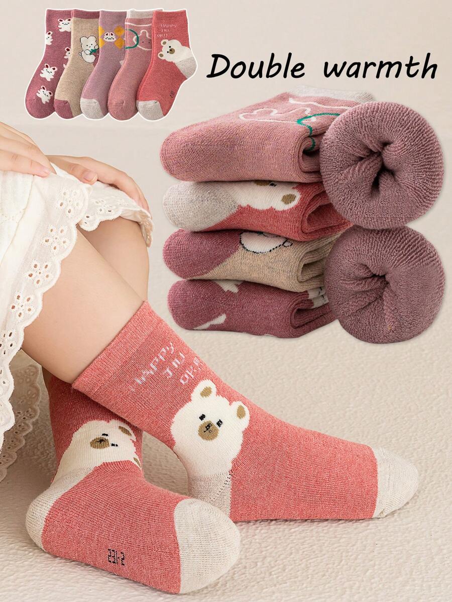 5雙/份女童加厚毛圈襪,冬季暖和可愛卡通白熊圖案,粉紅和紅色搭配,時尚休閒通配質感,適用於新生兒、幼兒、小孩,適合寒冷,雨天和雪天,可與鞋或褲子完美搭配,冬季加厚長襪 - 彩色 - 查看 1