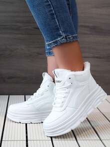 Giày bốt đi tuyết nữ thời trang mới 2023, lót giữ nhiệt mùa đông, tăng chiều cao bên trong, đế dày, đa năng, giày đế bệt cho học sinh, giày thể thao ấm áp cho nữ - trắng - Xem 3