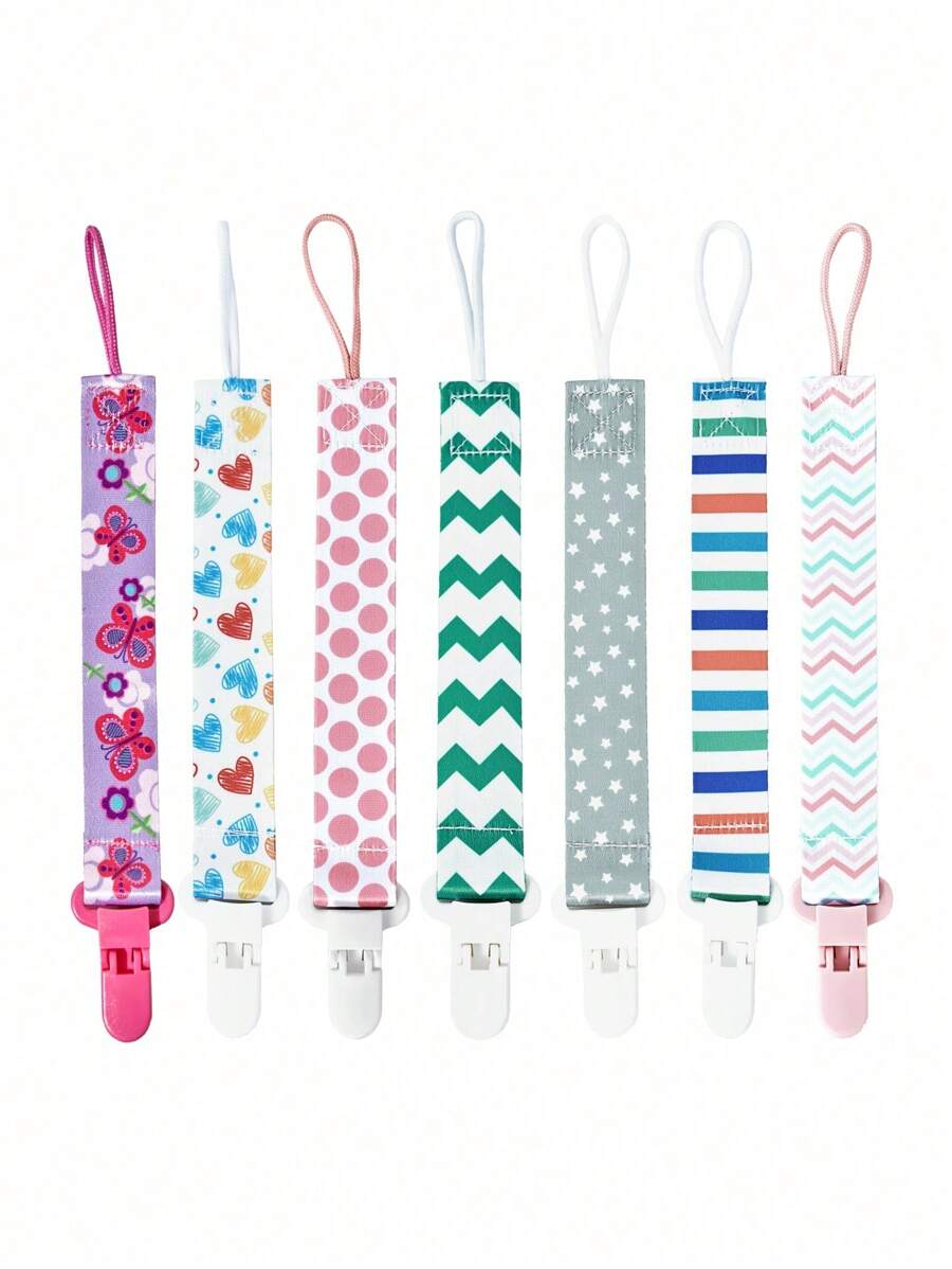 1条带锯齿夹的双面花卉图案奶嘴链，可打开的扣环设计，婴儿磨牙玩具挂绳，防丢绳，磨牙棒防掉落挂绳 - 彩色 - 查看 1