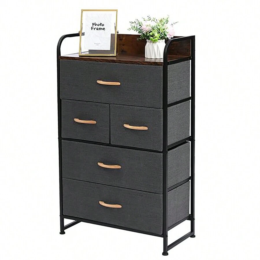 5-Drawer Dresser, 4-Tier Storage Organizer, Tower Unit for Bedroom, Hallway, Entryway, Closets - Sturdy Steel Frame, Wooden Top, Removable Fabric Bins - Black - View 1