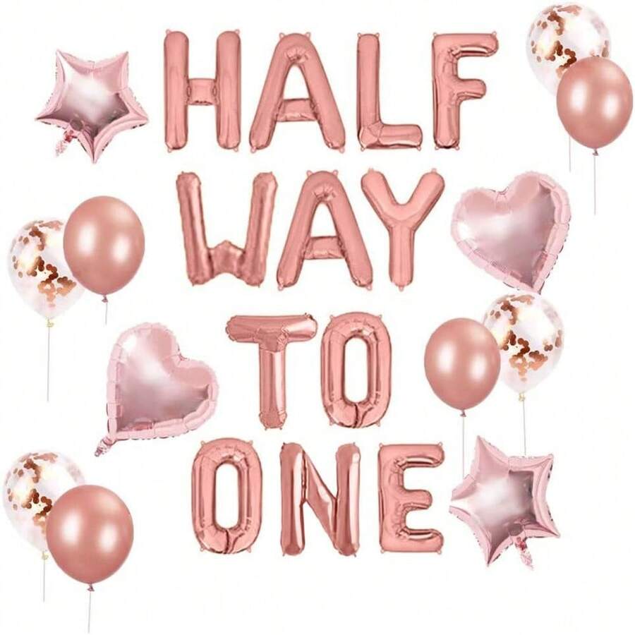 26 件玫瑰金 Half Way To One 字母气球 1/2 岁生日装饰 Half Way To One 生日派对粉色气球粉色心形星形乳胶五彩纸屑派对装饰 - 粉色 - 查看 1