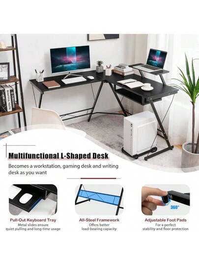 Shaped Computer Desk, Corner Bureau Removable Monitor Shelf, Extendable Keyboard Tray, Movable CPU St Gaming Tafel Bedroom Study view 5