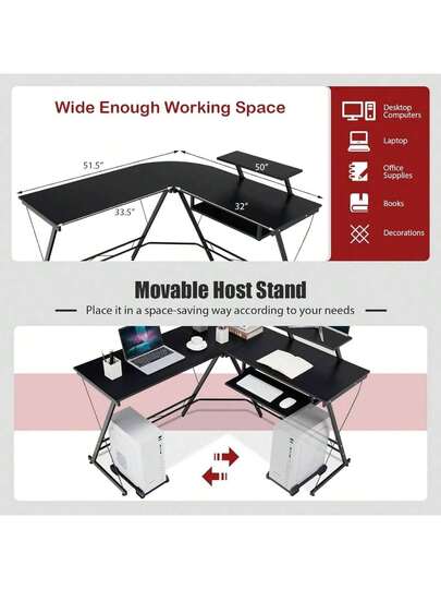 Shaped Computer Desk, Corner Bureau Removable Monitor Shelf, Extendable Keyboard Tray, Movable CPU St Gaming Tafel Bedroom Study view 4