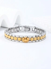 1pc Minimalist Fashion Gold-Plated Small Crown Stainless Steel Bracelet, Suitable For Men, Women And Couples, Elegant Fashion Accessory For Daily Outfit, Party, Date, Recommended Gift, High Quality Jewelry With Unique Design, Essential For Style - Yellow Gold - View 3