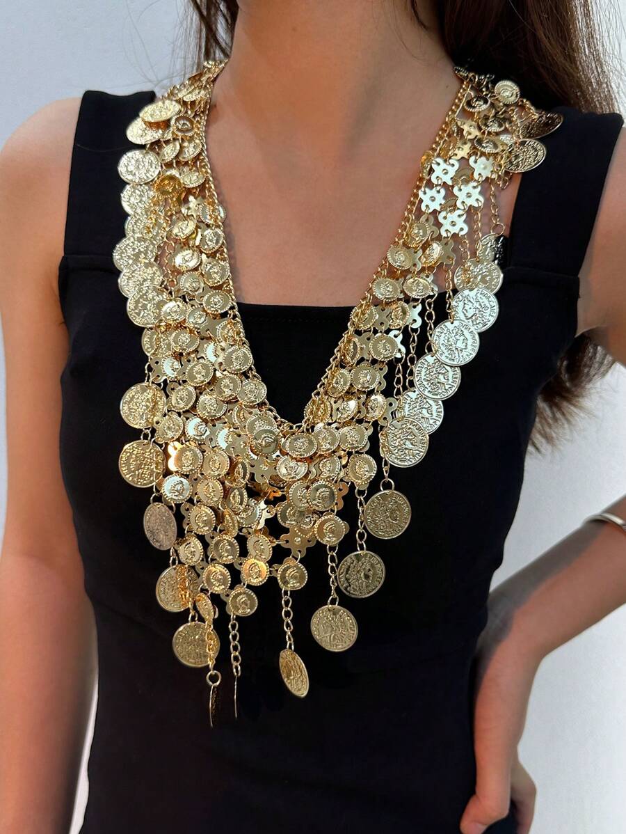 1pc Fashionable Bohemian Style Coin & Tassel Layered Necklace With Body Chain For Women's Dance Costume - Yellow Gold - View 1