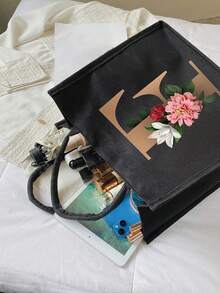 2pcs/set Lady's Floral Alphabet Pattern Travel Tote Bag Set - Black - View 5