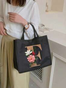 2pcs/set Lady's Floral Alphabet Pattern Travel Tote Bag Set - Black - View 3