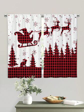 2pcs Christmas Plaid Curtains,Without Holes Curtain, Refer To Bedroom Office Kitchen Living Room Study Home Decor