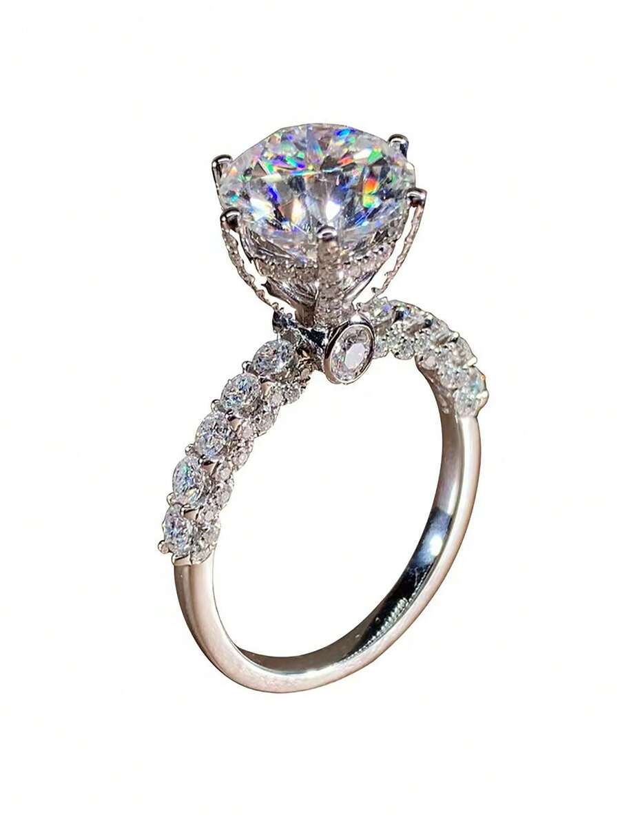 1pc Elegant White Zirconia Ring, Fashionable Sparkling Star Design Wedding Ring