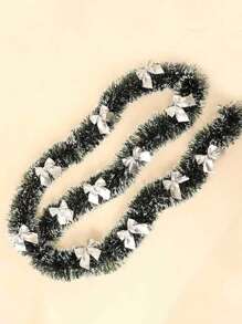 1pc 2m Green & White Edge Christmas Ribbon Decorative Prop With 12pcs Silver Bow & Snowflake Detail - 12 bows silver - View 5