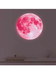 1pc Luminous Moon Wall Sticker, Cartoon Design, Glow In The Dark, Pvc Material - Pink - View 2
