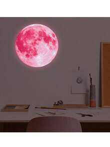 1pc Luminous Moon Wall Sticker, Cartoon Design, Glow In The Dark, Pvc Material - Pink - View 3
