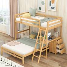 Twin Over Full Bunk Bed with Built-in Desk and Three Drawers, Solid Wood Bunkbed, Bed Frame with Safety Guardrail & Storage for Kids Bedroom