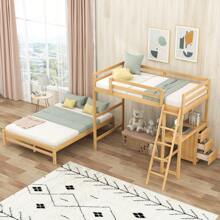 Twin Over Full Bunk Bed with Built-in Desk and Three Drawers, Solid Wood Bunkbed, Bed Frame with Safety Guardrail & Storage for Kids Bedroom