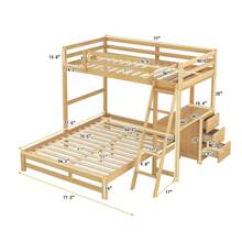 Twin Over Full Bunk Bed with Built-in Desk and Three Drawers, Solid Wood Bunkbed, Bed Frame with Safety Guardrail & Storage for Kids Bedroom