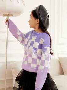 Annil 儿童毛衣，无论男女童，都是格子状，圆领，温暖的冬装，宽松有弹性的针织毛衣。 - 紫色 - 查看 2