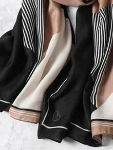 1條女士幾何條紋圍巾,流蘇邊,歐美時尚,心形圖案,新款秋冬圍巾,大尺寸