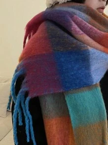 1條女士格紋厚款流蘇長圍巾,多用途,保暖,披肩,頭巾,裝飾圍巾,適用於日常使用