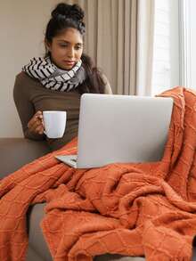 1件針織休閒毯子,橙色午睡毯適合露營,辦公室,沙發,汽車使用 - 珊瑚橙 - 查看 2