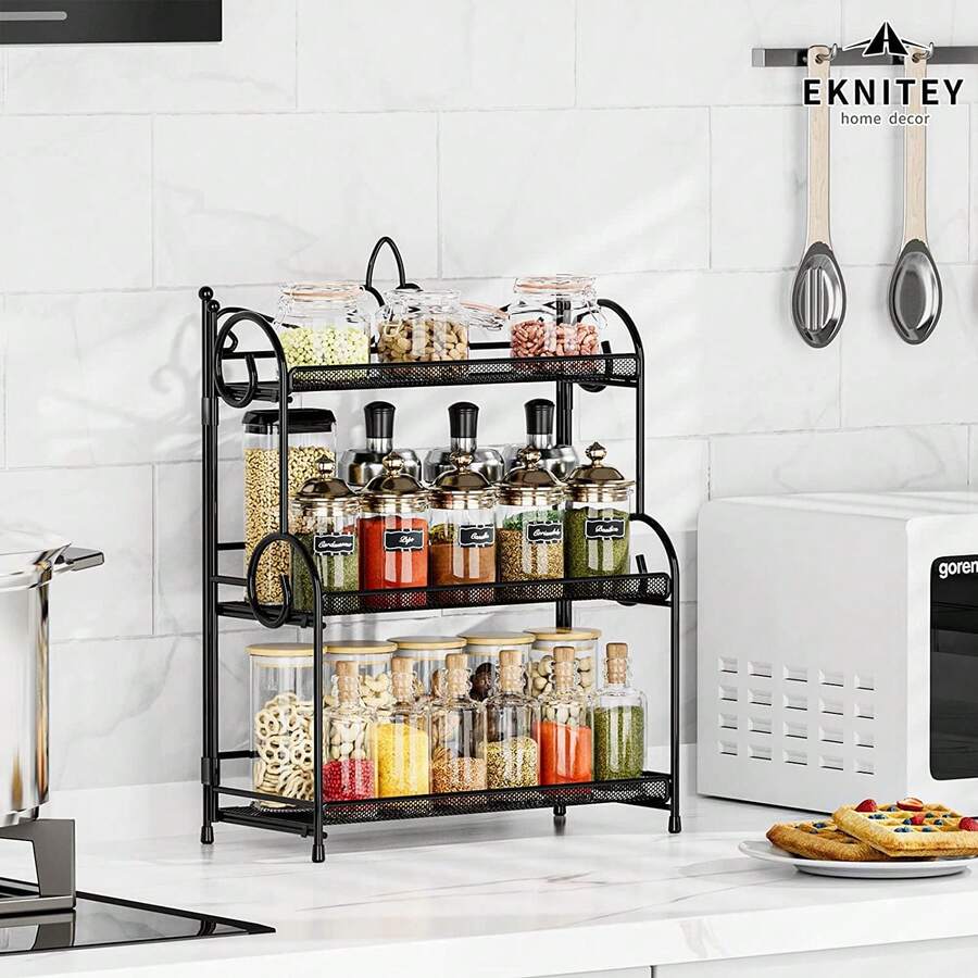 3 Tier Spice Rack Organizer for Kitchen Bathroom Bedroom Office Storage Foldable - Black - View 1