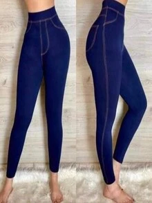 Leggins para Mujer Imitacion Mezclilla Afelpado Comprime Cintura - Azul Marino - Ver 3