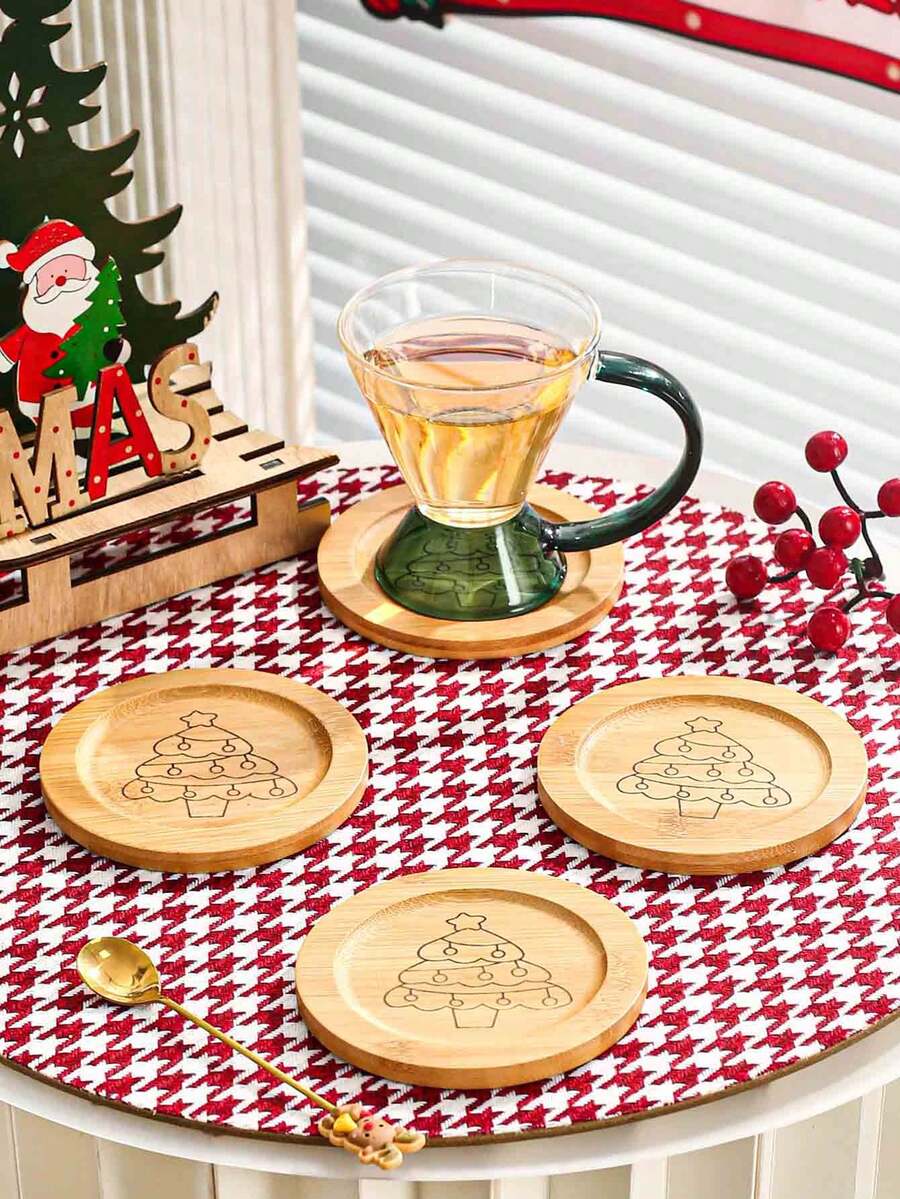 1pc New Design Creative Christmas Bamboo Wood Coaster - Khaki - View 1