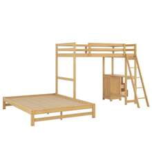 Twin Over Full Bunk Bed with Built-in Desk and Three Drawers, Solid Wood Bunkbed, Bed Frame with Safety Guardrail & Storage for Kids Bedroom