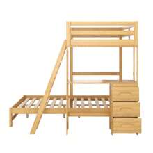 Twin Over Full Bunk Bed with Built-in Desk and Three Drawers, Solid Wood Bunkbed, Bed Frame with Safety Guardrail & Storage for Kids Bedroom