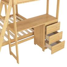Twin Over Full Bunk Bed with Built-in Desk and Three Drawers, Solid Wood Bunkbed, Bed Frame with Safety Guardrail & Storage for Kids Bedroom