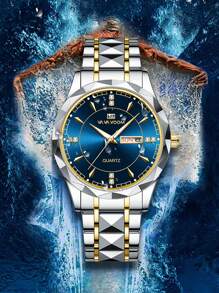 VA VA VOOM New Fashionable Men's Watch, Va Va Voom Brand Stainless Steel Diamond-Shaped Link Bracelet, Date Calendar, Luxury Quartz Watch, Suitable For Business Wear Father