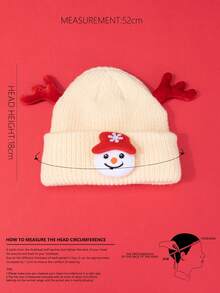 1 件男女通用兒童卡通雪人和鹿角裝飾可愛聖誕針織帽適合秋季、冬季、日常穿著和聖誕服裝