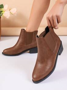 女士时尚尖头低踝靴，棕色弹性松紧粗跟短靴，秋冬款 - 棕色 - 查看 1