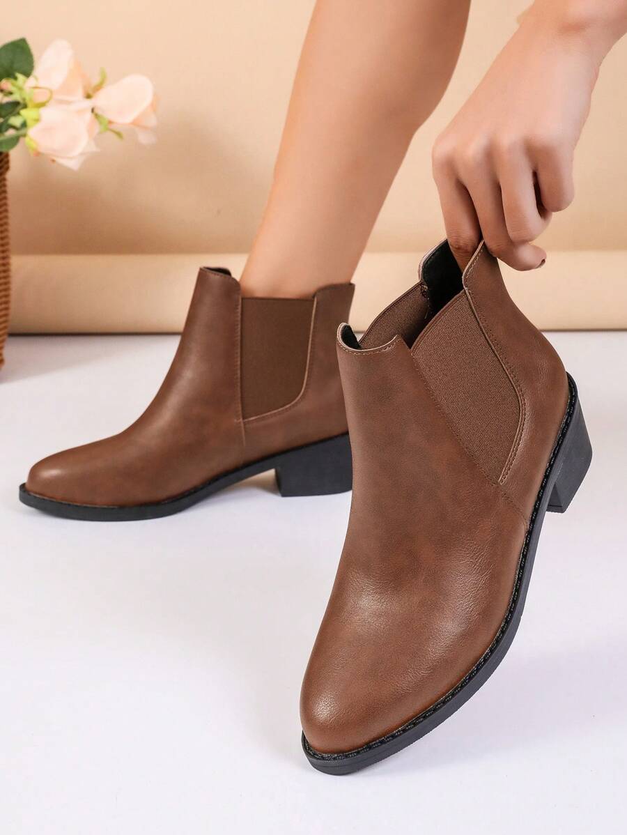 女士时尚尖头低踝靴，棕色弹性松紧粗跟短靴，秋冬款 - 棕色 - 查看 1