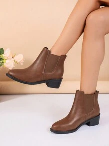 女士时尚尖头低踝靴，棕色弹性松紧粗跟短靴，秋冬款 - 棕色 - 查看 3
