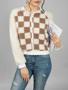 Chamarra de moda para mujer tela tipo borrego con diseño de cuadros y cierre completo - Café integral - Ver 3