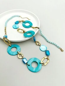 1pc European And American Style Exaggerated Fashionable Acrylic Blue Chain Link Hollow Circle Pendant Necklace For Women, Suitable For Dating, Parties, Gatherings And Daily Use - Multicolor - View 4