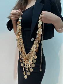 1pc Fashionable Bohemian Style Coin & Tassel Layered Necklace With Body Chain For Women's Dance Costume - Yellow Gold - View 4