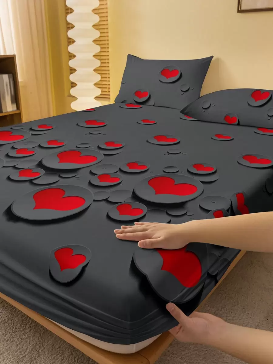 1pc Fashionable Minimalist Style Heart Printed Brushed Fitted Sheet Cover, Dustproof Bedding For Bedroom, Unisex - Multicolor - View 1